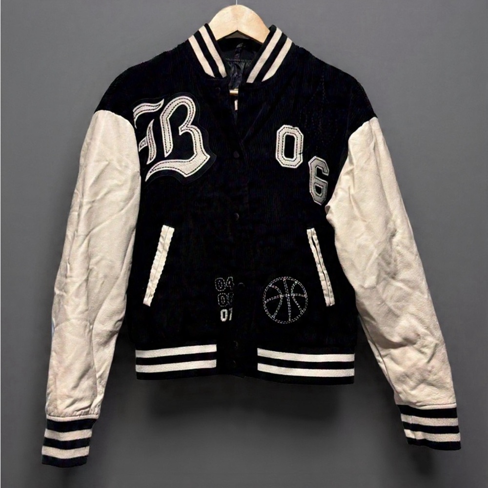 Urban Outfitters BDG Black Embroidered Corduroy Varsity Bomber Jacket Size S